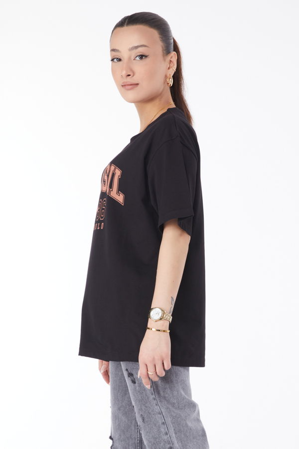 Düz Bisiklet Yaka Kadın Siyah Kısa Kollu Baskılı T-shirt - 24647
