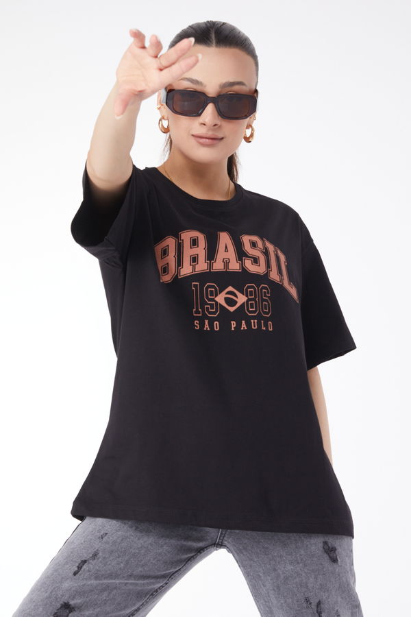 Düz Bisiklet Yaka Kadın Siyah Kısa Kollu Baskılı T-shirt - 24647
