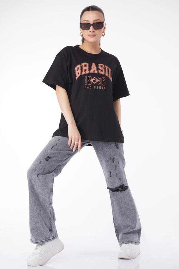 Düz Bisiklet Yaka Kadın Siyah Kısa Kollu Baskılı T-shirt - 24647