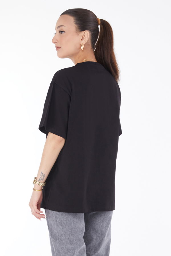 Düz Bisiklet Yaka Kadın Siyah Kısa Kollu Baskılı T-shirt - 24647