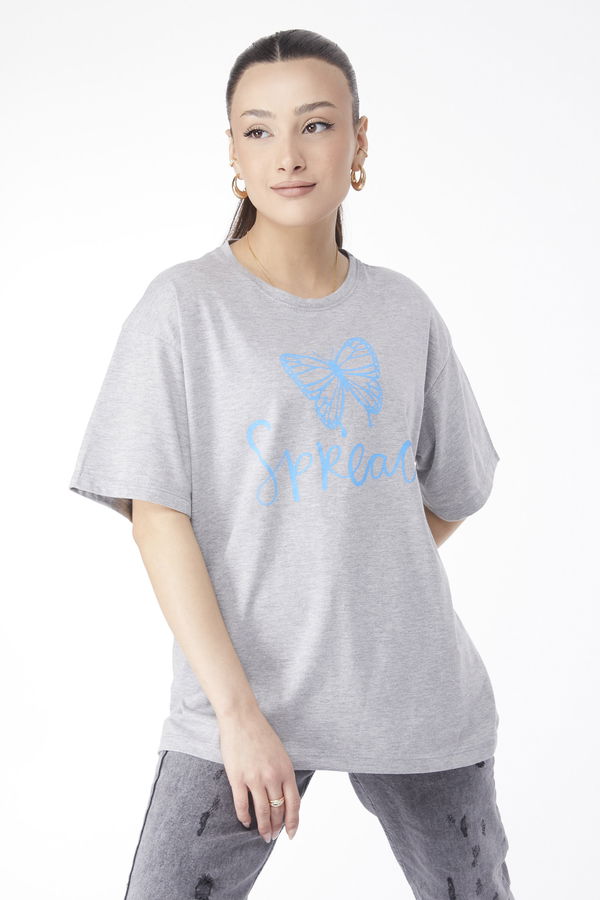 Düz Bisiklet Yaka Kadın Gri Kısa Kollu Baskılı T-shirt - 24643