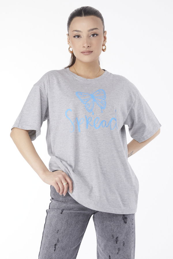 Düz Bisiklet Yaka Kadın Gri Kısa Kollu Baskılı T-shirt - 24643