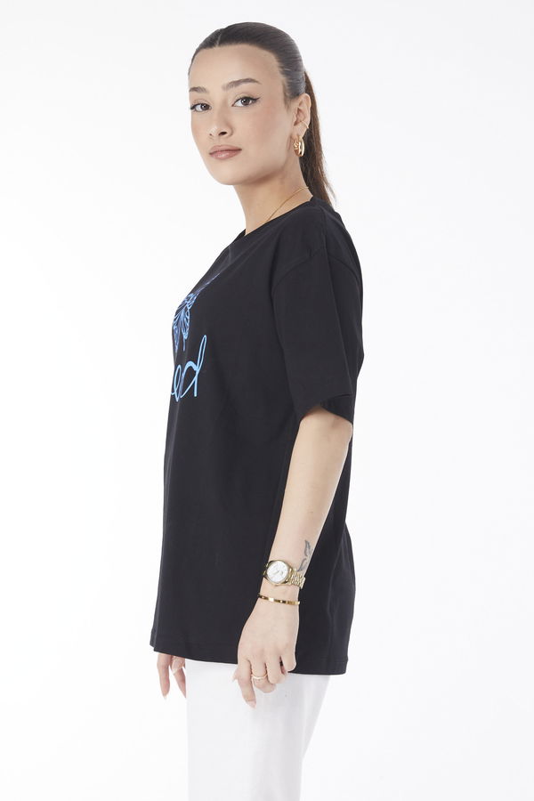 Düz Bisiklet Yaka Kadın Siyah Kısa Kollu Baskılı T-shirt - 24643 SİYAH