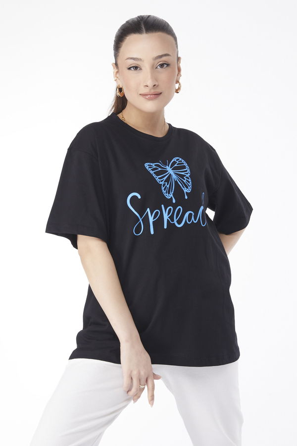 Düz Bisiklet Yaka Kadın Siyah Kısa Kollu Baskılı T-shirt - 24643 SİYAH