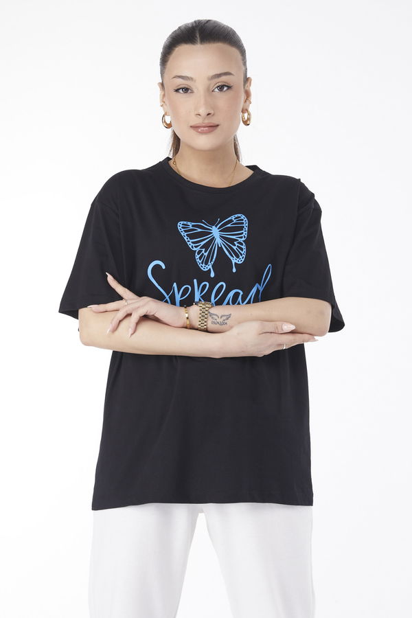 Düz Bisiklet Yaka Kadın Siyah Kısa Kollu Baskılı T-shirt - 24643 SİYAH