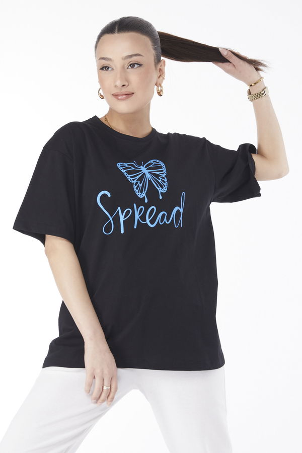 Düz Bisiklet Yaka Kadın Siyah Kısa Kollu Baskılı T-shirt - 24643 SİYAH