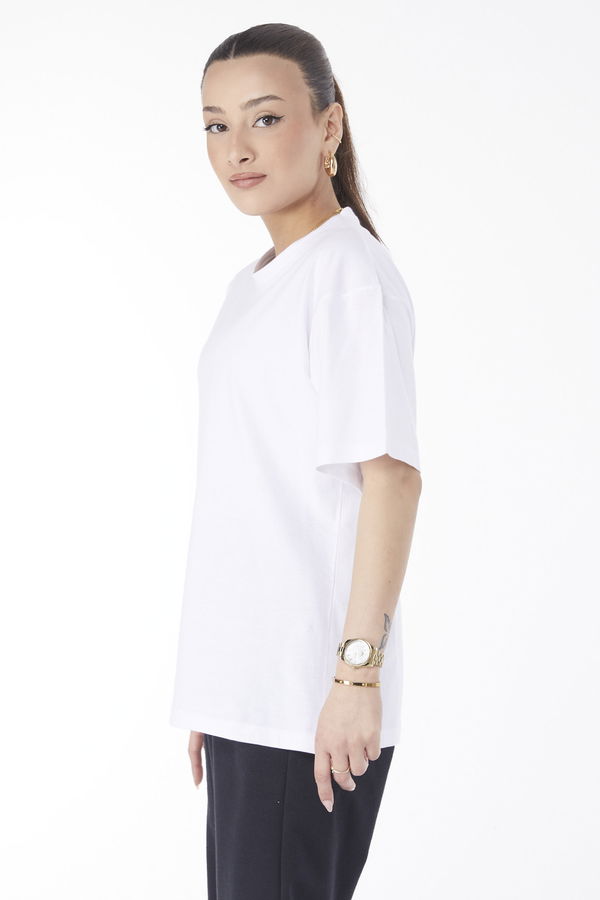 Düz Bisiklet Yaka Kadın Beyaz Kısa Kollu T-shirt - 24654