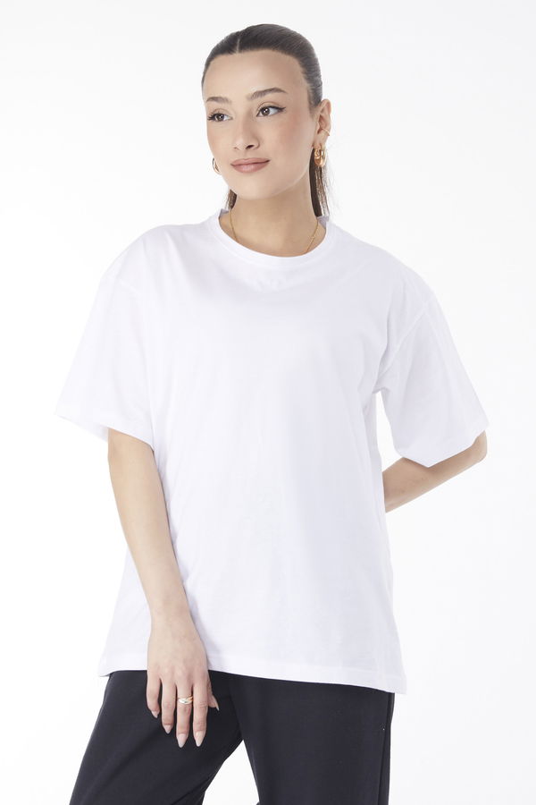 Düz Bisiklet Yaka Kadın Beyaz Kısa Kollu T-shirt - 24654