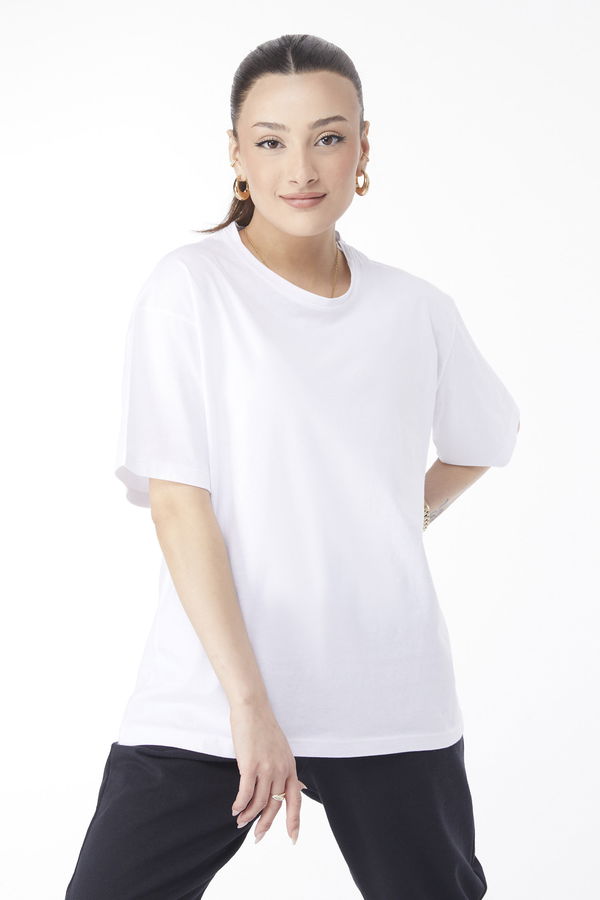 Düz Bisiklet Yaka Kadın Beyaz Kısa Kollu T-shirt - 24654