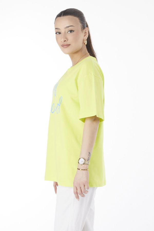 Düz Bisiklet Yaka Kadın Yeşil Kısa Kollu Baskılı T-shirt - 24643 YEŞİL