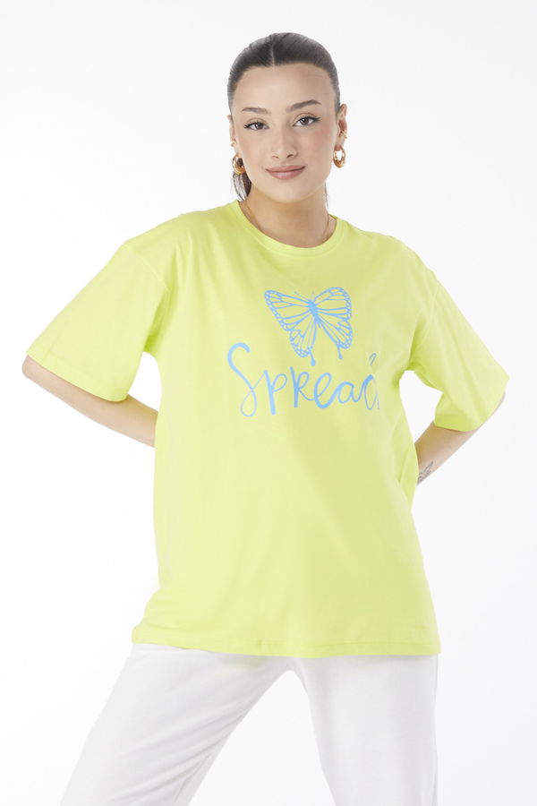 Düz Bisiklet Yaka Kadın Yeşil Kısa Kollu Baskılı T-shirt - 24643 YEŞİL