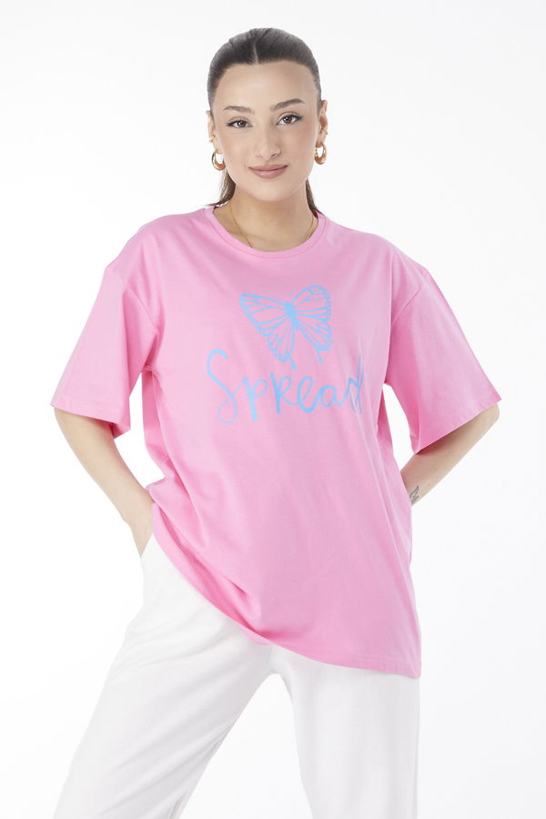 Düz Bisiklet Yaka Kadın Pembe Kısa Kollu Baskılı T-shirt - 24643