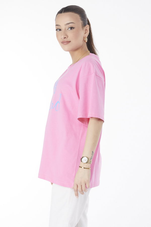 Düz Bisiklet Yaka Kadın Pembe Kısa Kollu Baskılı T-shirt - 24643