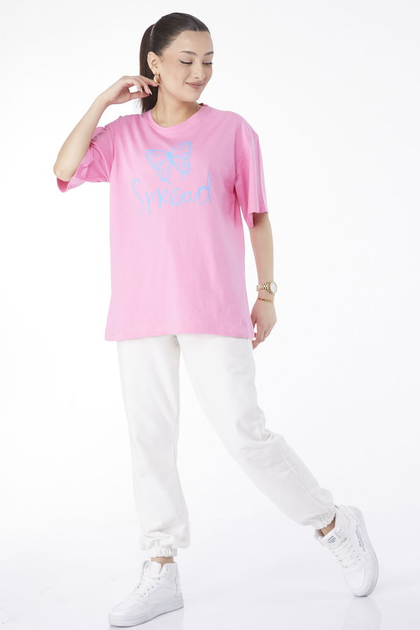 Düz Bisiklet Yaka Kadın Pembe Kısa Kollu Baskılı T-shirt - 24643