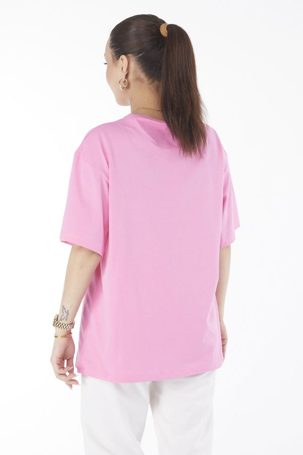 Düz Bisiklet Yaka Kadın Pembe Kısa Kollu Baskılı T-shirt - 24643