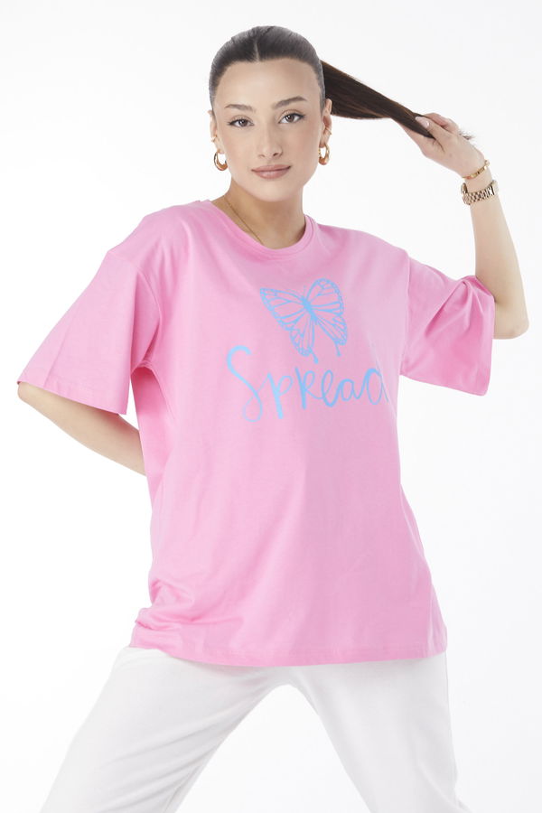 Düz Bisiklet Yaka Kadın Pembe Kısa Kollu Baskılı T-shirt - 24643