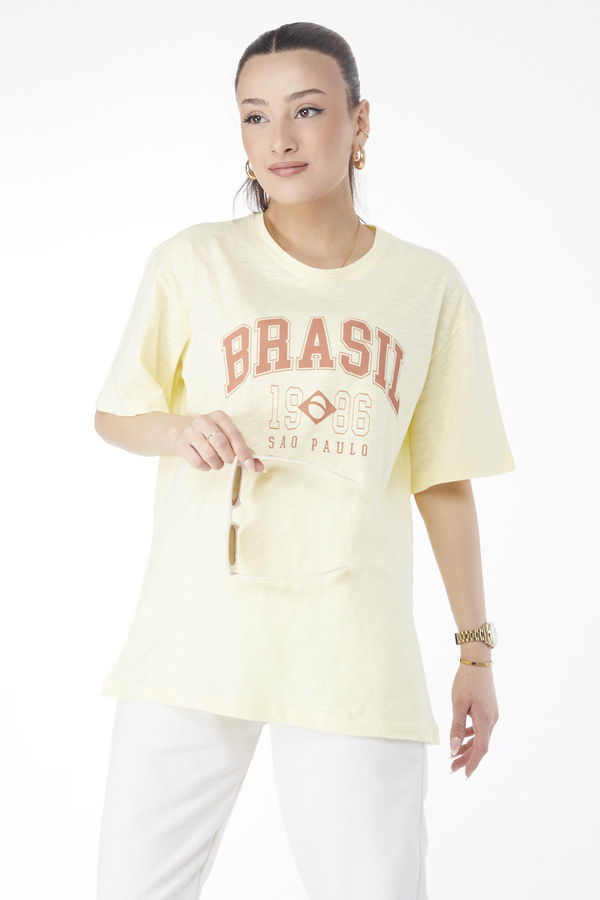 Düz Bisiklet Yaka Kadın Sarı Kısa Kollu Baskılı T-shirt - 24647