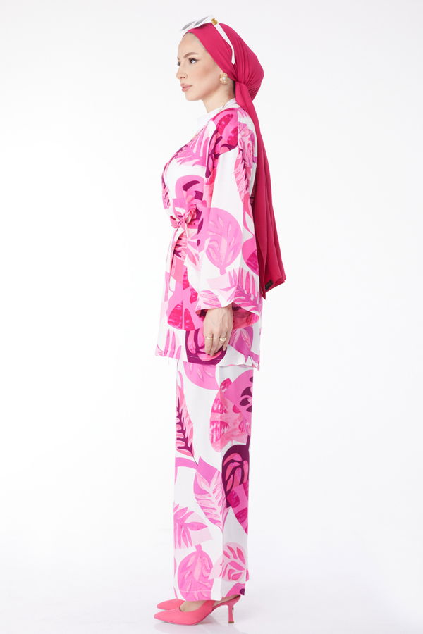 Düz Ceket Yaka Kadın Fuşya Desenli Kimono Pantolon İkili Takım - 24680