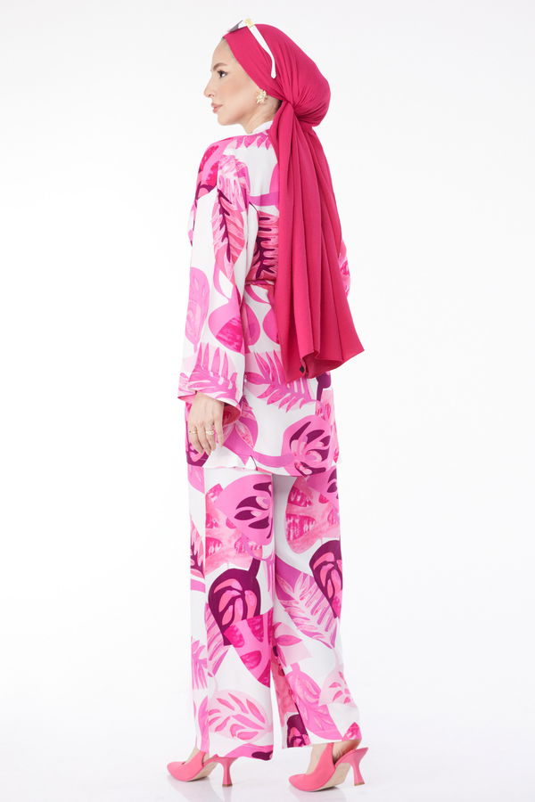 Düz Ceket Yaka Kadın Fuşya Desenli Kimono Pantolon İkili Takım - 24680