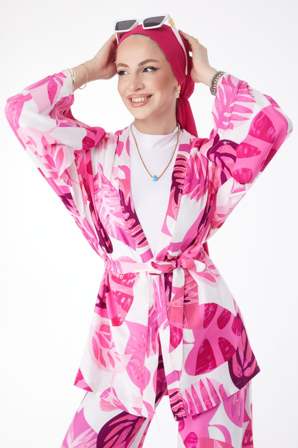 Düz Ceket Yaka Kadın Fuşya Desenli Kimono Pantolon İkili Takım - 24680
