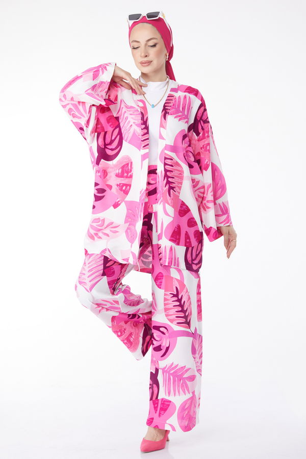 Düz Ceket Yaka Kadın Fuşya Desenli Kimono Pantolon İkili Takım - 24680