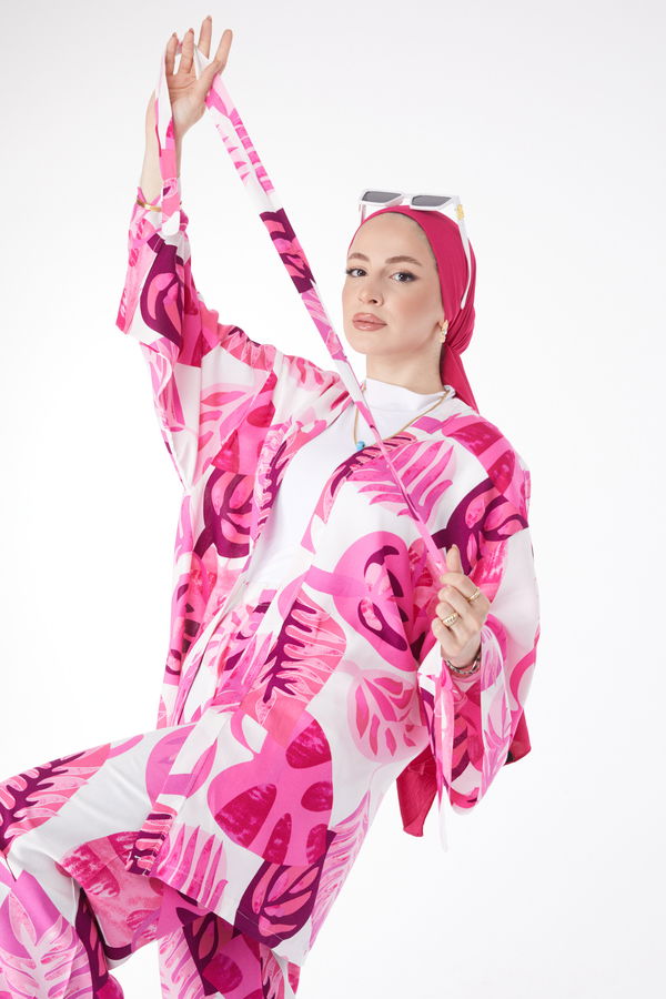 Düz Ceket Yaka Kadın Fuşya Desenli Kimono Pantolon İkili Takım - 24680