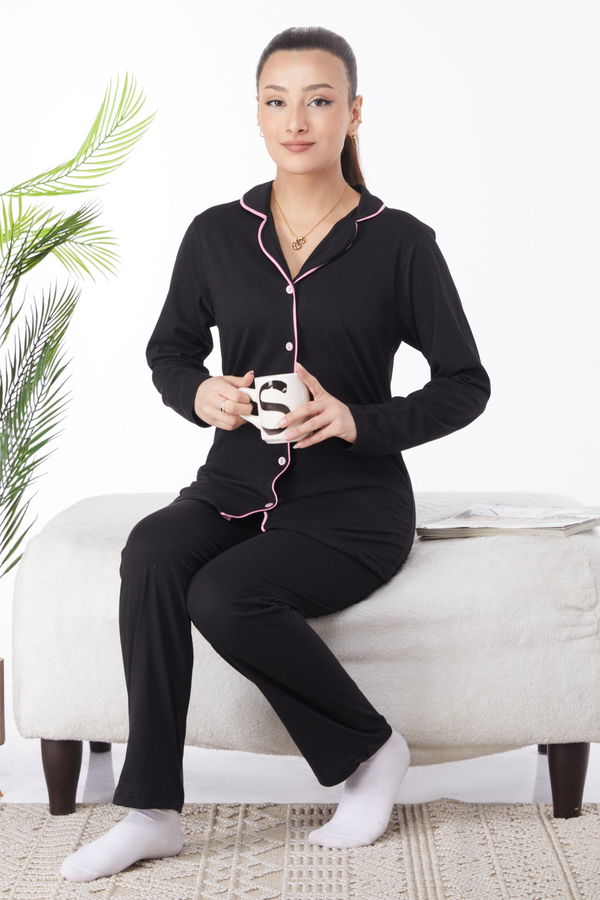 Düz Gömlek Yaka Kadın Siyah Süprem Uzun Kollu Pijama Takımı - 24596 SİYAH