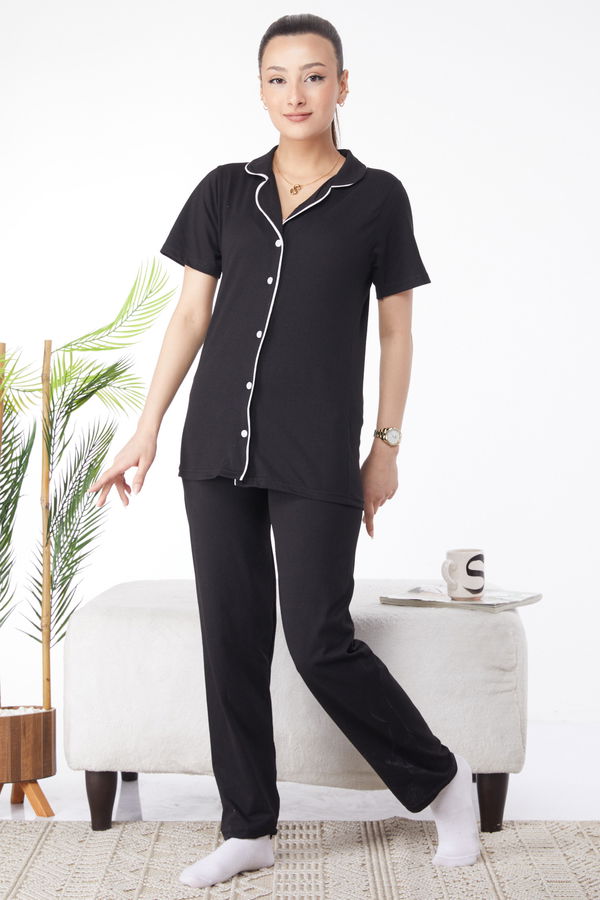 Düz Gömlek Yaka Kadın Siyah Süprem Uzun Kollu Pijama Takımı - 24596