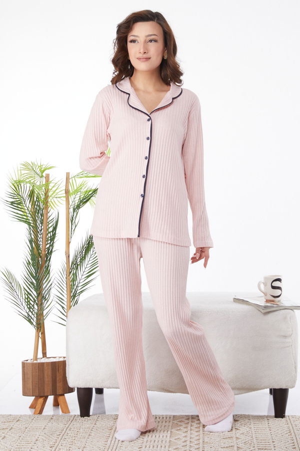 Düz Gömlek Yaka Kadın Pembe Uzun Kollu Düğmeli Pijama Takımı - 24618