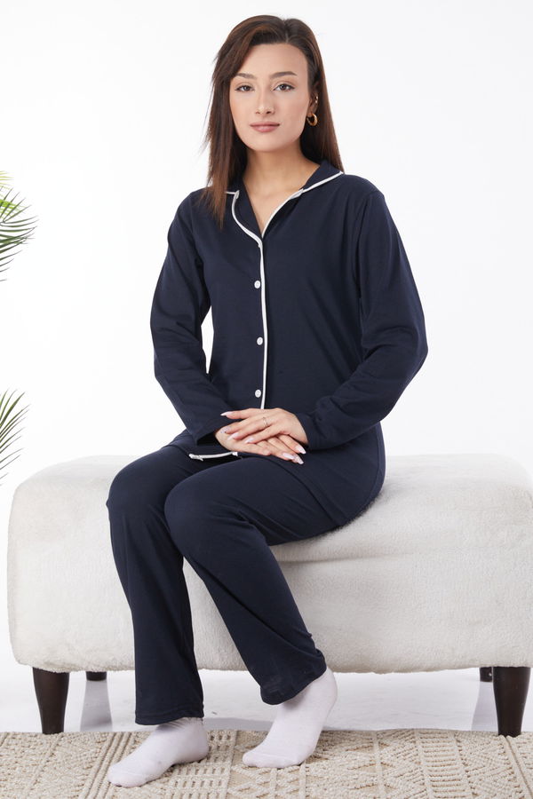 Düz Gömlek Yaka Kadın Siyah Süprem Uzun Kollu Pijama Takımı - 24596