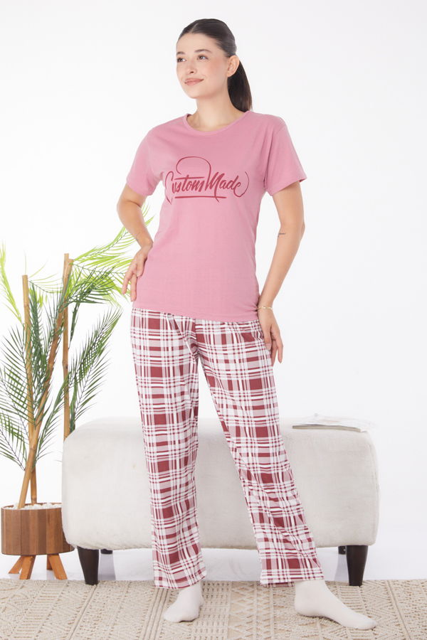Düz Bisiklet Yaka Kadın Pembe Baskılı Pijama Takımı - 25819 PEMBE
