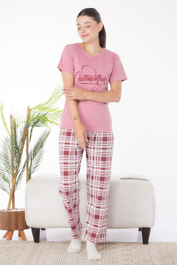 Düz Bisiklet Yaka Kadın Pembe Baskılı Pijama Takımı - 25819 PEMBE