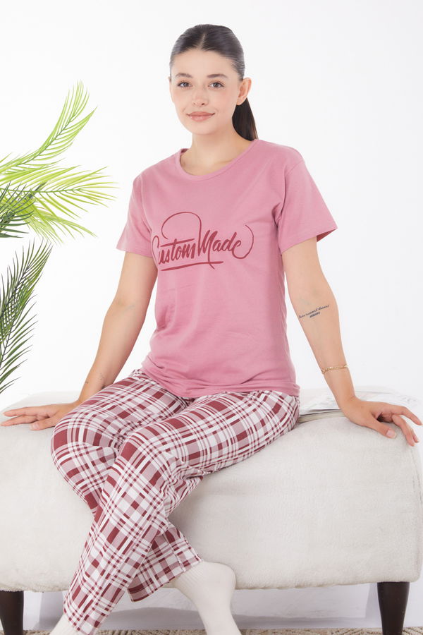 Düz Bisiklet Yaka Kadın Pembe Baskılı Pijama Takımı - 25819 PEMBE