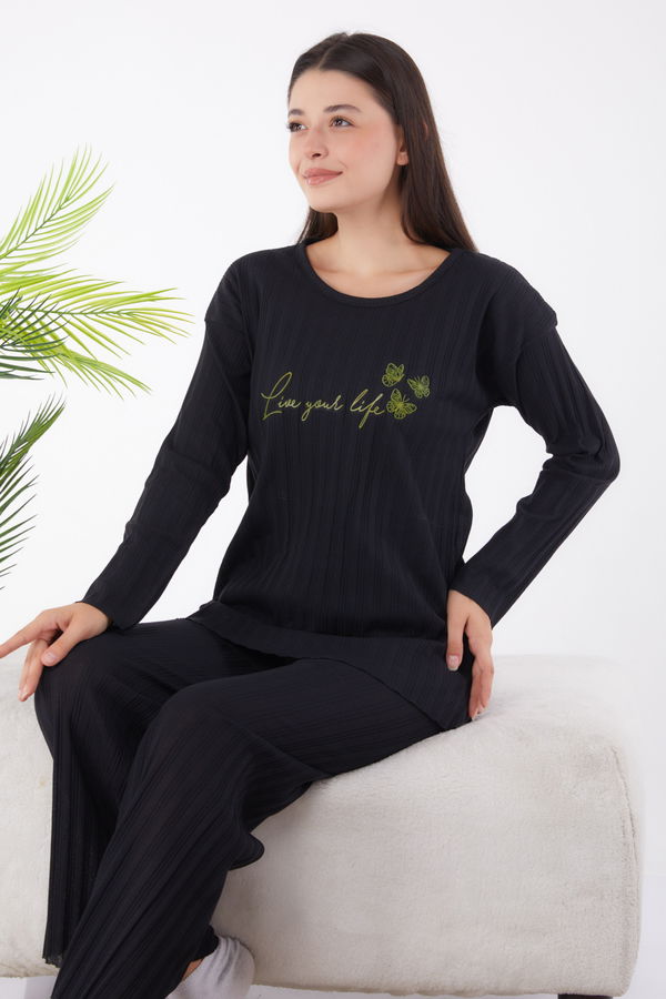 Düz Bisiklet Yaka Kadın Siyah Baskılı Uzun Kollu Pijama Takımı - 24665 SİYAH