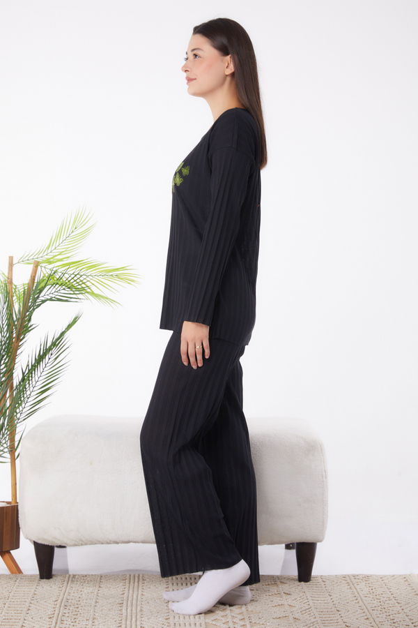 Düz Bisiklet Yaka Kadın Siyah Baskılı Uzun Kollu Pijama Takımı - 24665 SİYAH