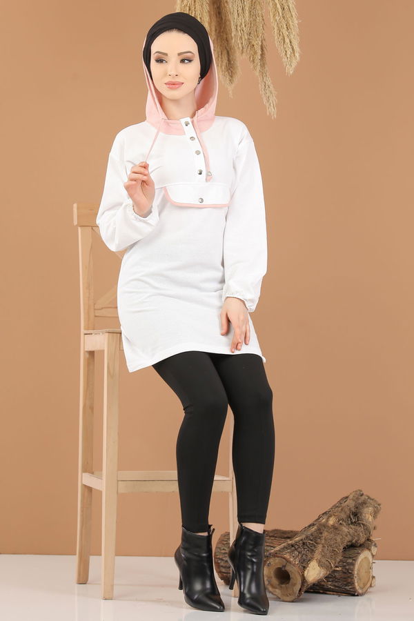 Düz Orta Kadın Pembe 8388 KAPŞONLU TUNİK - 8388 PEMBE