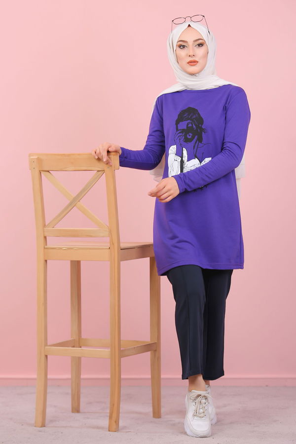 Düz Orta Kadın Mor Kız Baskılı Tunik   - 7824 MOR