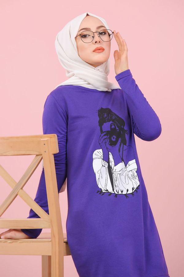 Düz Orta Kadın Mor Kız Baskılı Tunik   - 7824 MOR