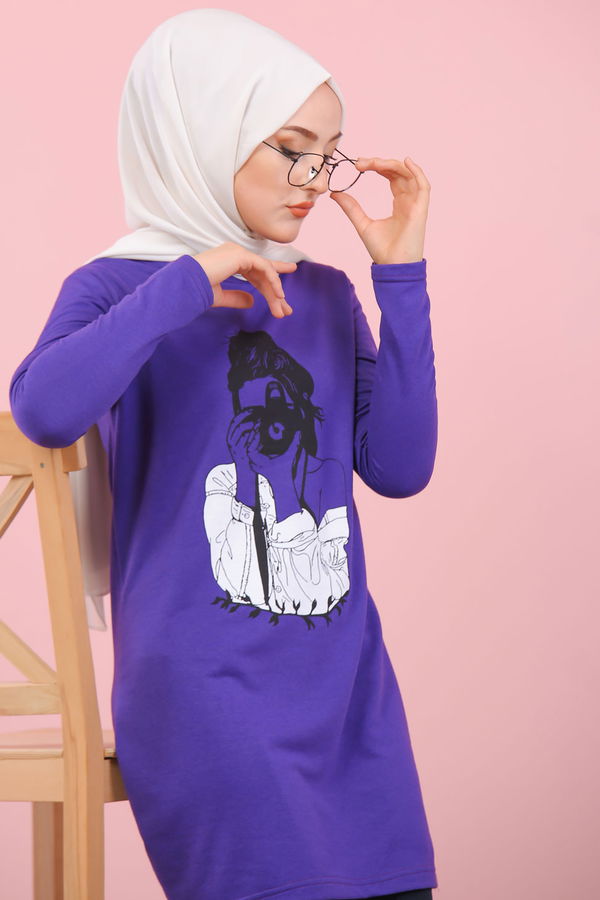 Düz Orta Kadın Mor Kız Baskılı Tunik   - 7824 MOR
