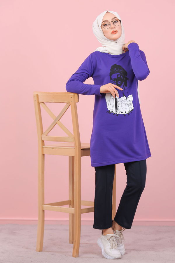 Düz Orta Kadın Mor Kız Baskılı Tunik   - 7824 MOR