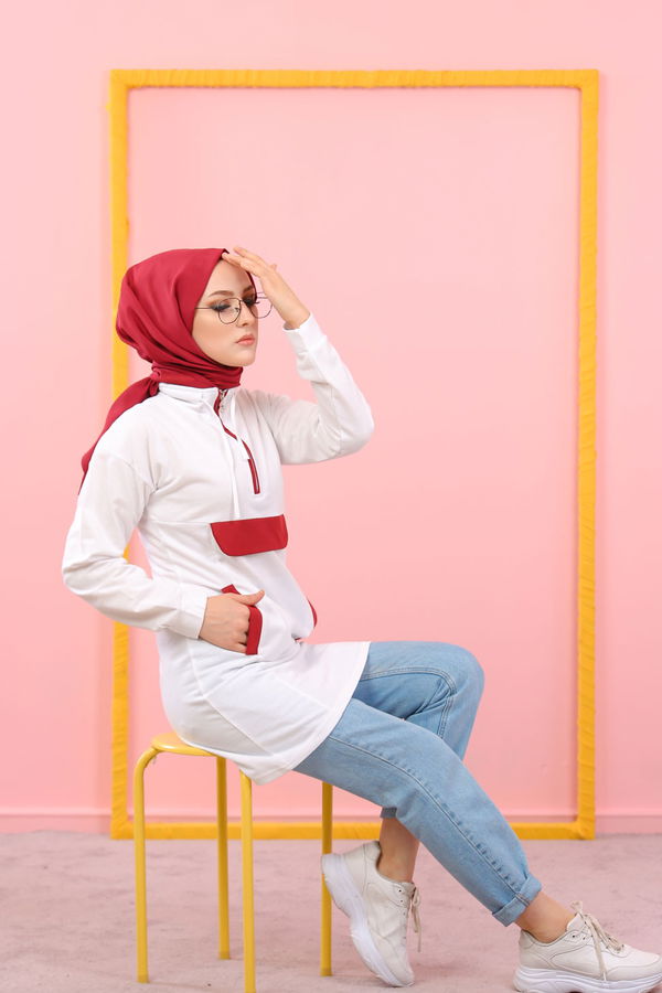 Düz Orta Kadın Bordo 8387 CEPLİ TUNİK - 8387