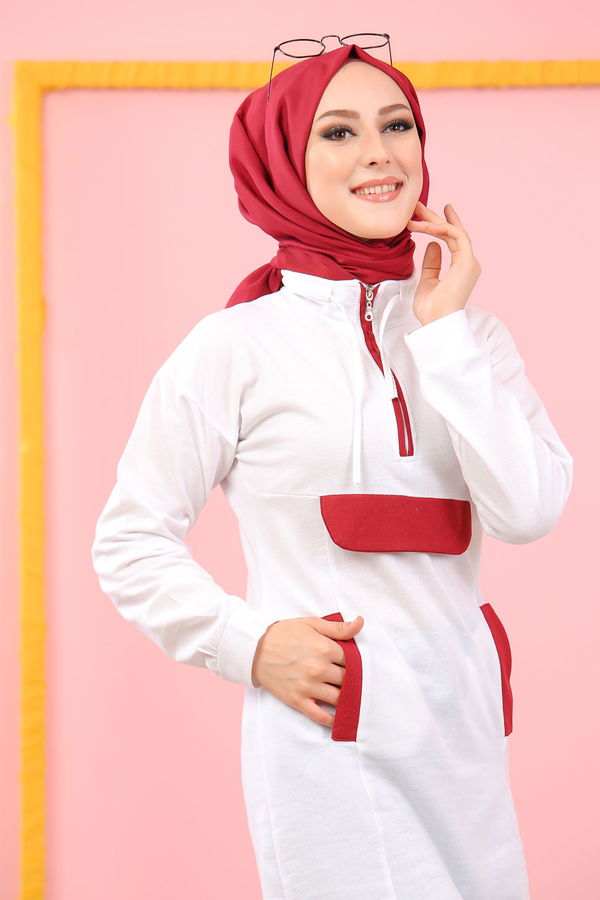 Düz Orta Kadın Bordo 8387 CEPLİ TUNİK - 8387