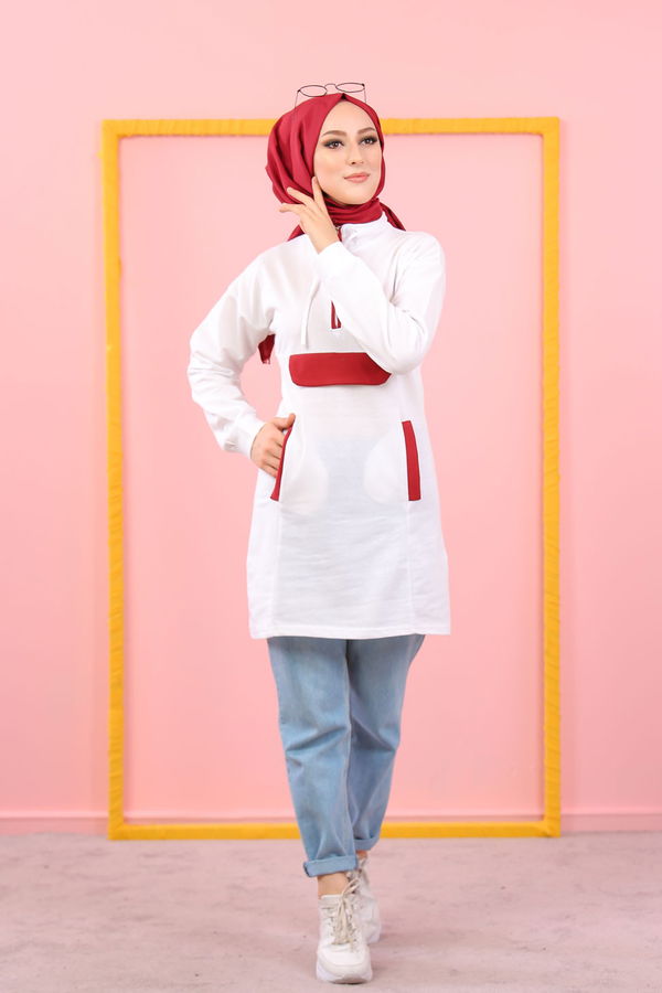 Düz Orta Kadın Bordo 8387 CEPLİ TUNİK - 8387
