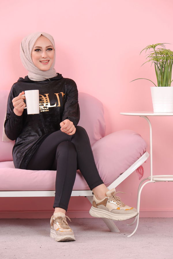 Düz Orta Kadın Siyah Baskılı Kadife Tunik Siyah  - 8113