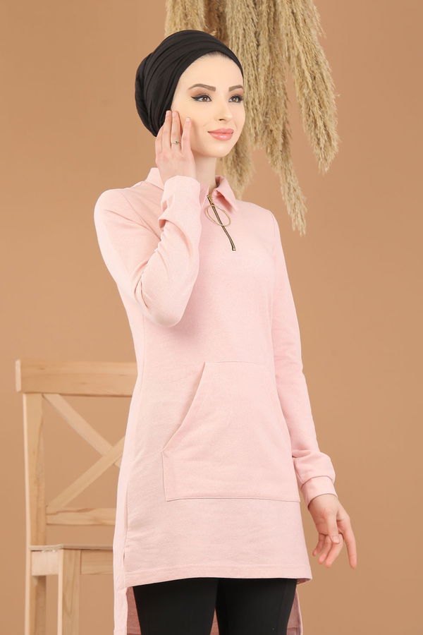 Düz Orta Kadın Pembe CEPLİ TUNİK - 8414
