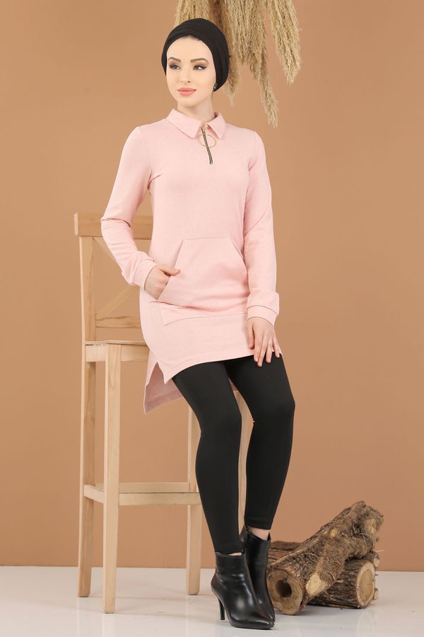 Düz Orta Kadın Pembe CEPLİ TUNİK - 8414