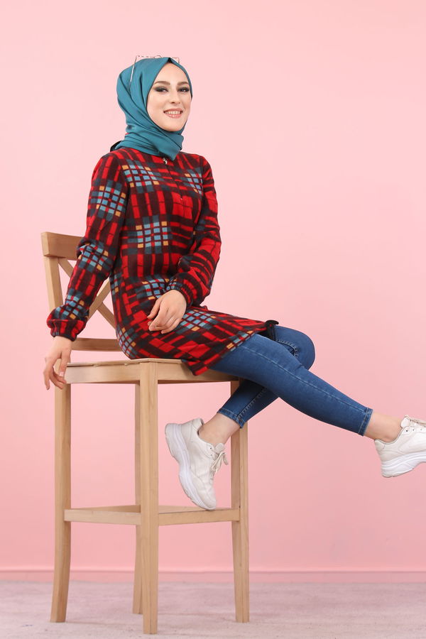 Düz Orta Kadın Bordo Yarım Fermuar Polar Tunik Ekru  - 8121