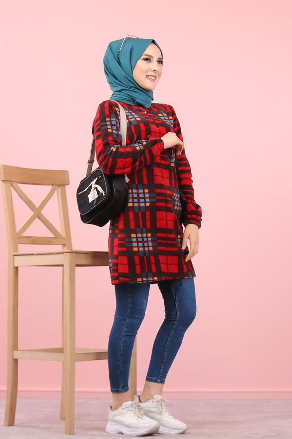Düz Orta Kadın Bordo Yarım Fermuar Polar Tunik Ekru  - 8121
