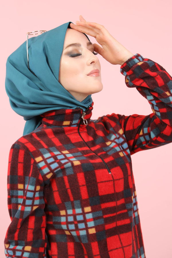 Düz Orta Kadın Bordo Yarım Fermuar Polar Tunik Ekru  - 8121