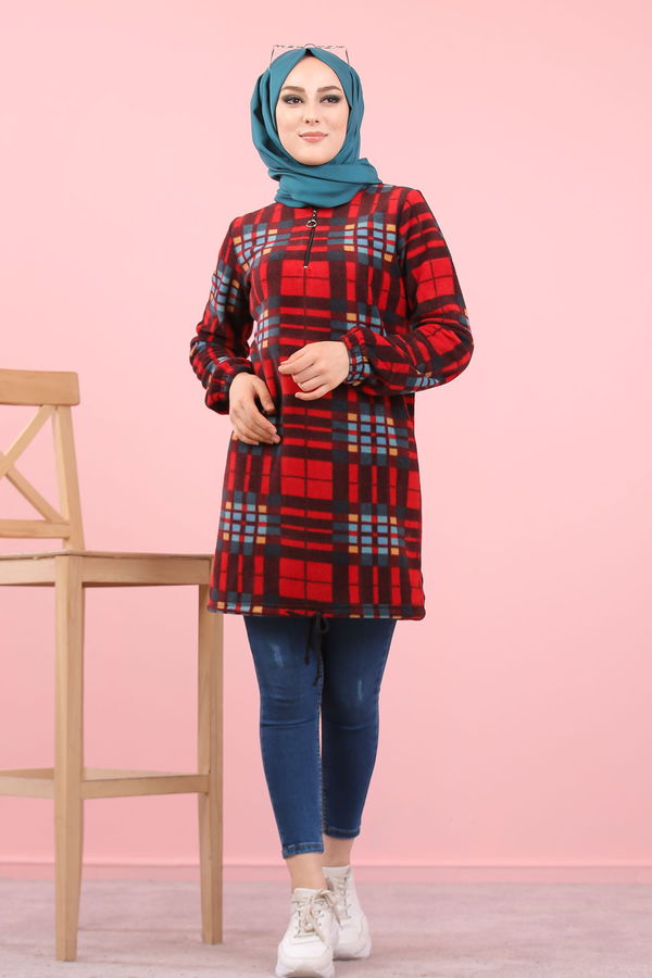 Düz Orta Kadın Bordo Yarım Fermuar Polar Tunik Ekru  - 8121